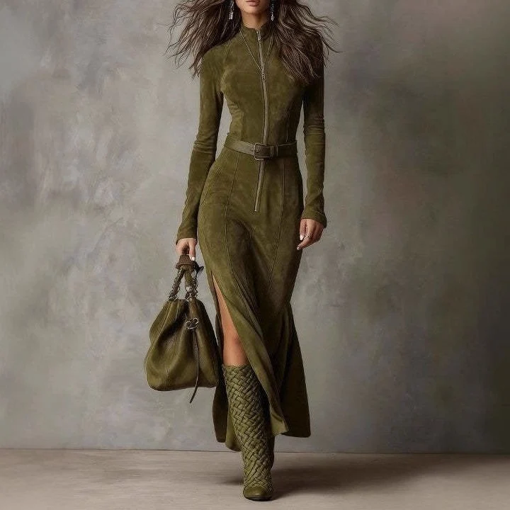 Damen Figurbetontes Midikleid aus Velourslederimitat mit Stehkragen und Zentralem Reißverschluss Nord Taschen