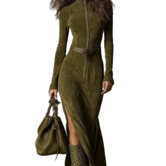 Damen Figurbetontes Midikleid aus Velourslederimitat mit Stehkragen und Zentralem Reißverschluss Nord Taschen
