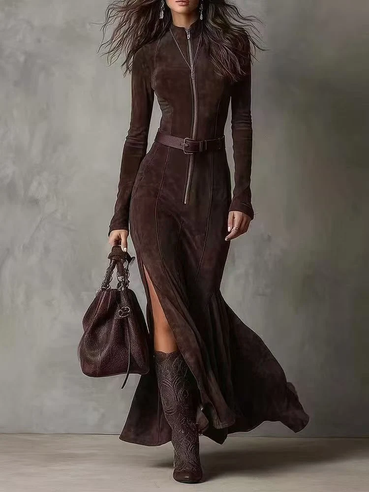 Damen Figurbetontes Midikleid aus Velourslederimitat mit Stehkragen und Zentralem Reißverschluss Nord Taschen