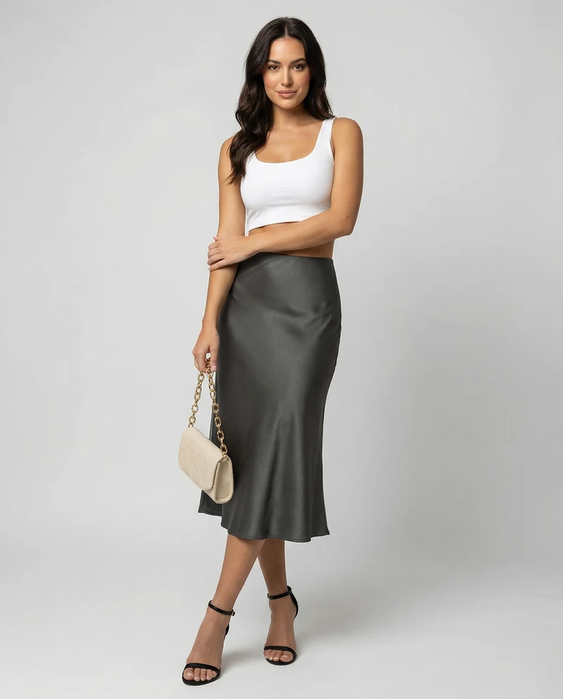 Damen eleganter Satin-Midirock mit fließendem Schnitt und hohem Bund - Arvani