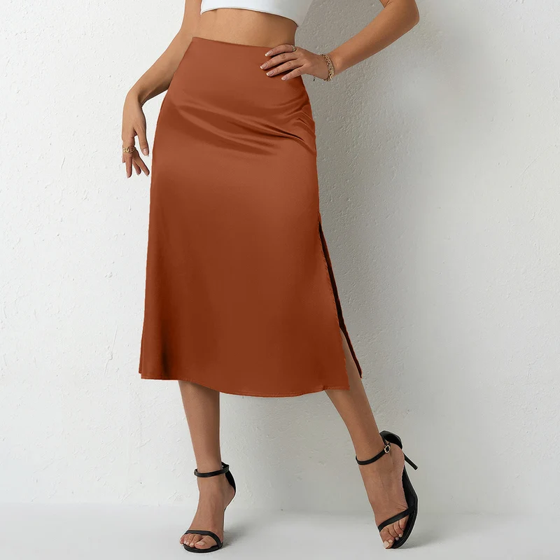 Damen eleganter Satin-Midirock mit fließendem Schnitt und hohem Bund - Arvani