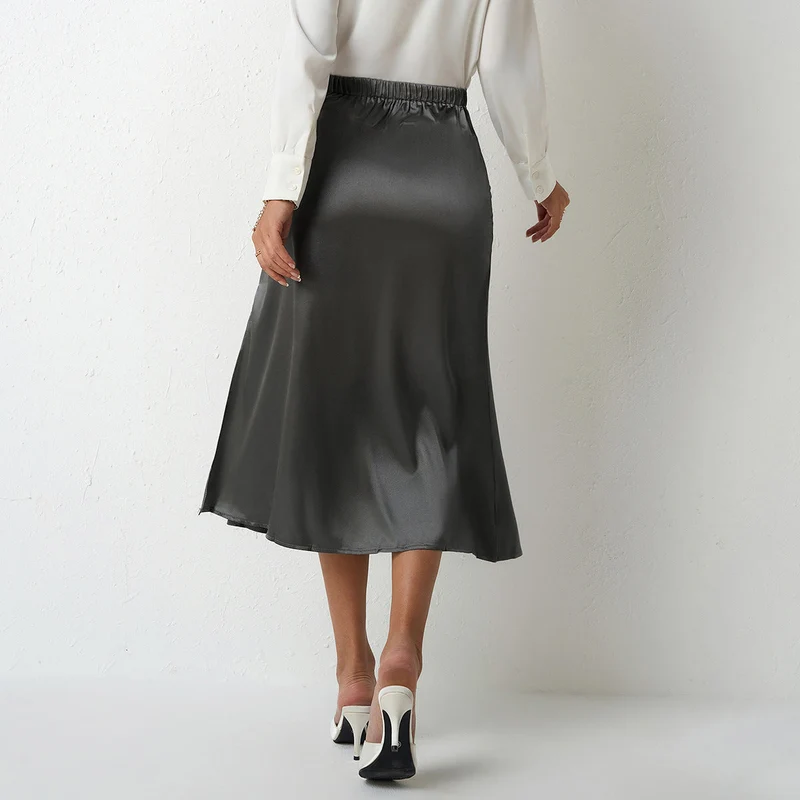 Damen eleganter Satin-Midirock mit fließendem Schnitt und hohem Bund - Arvani