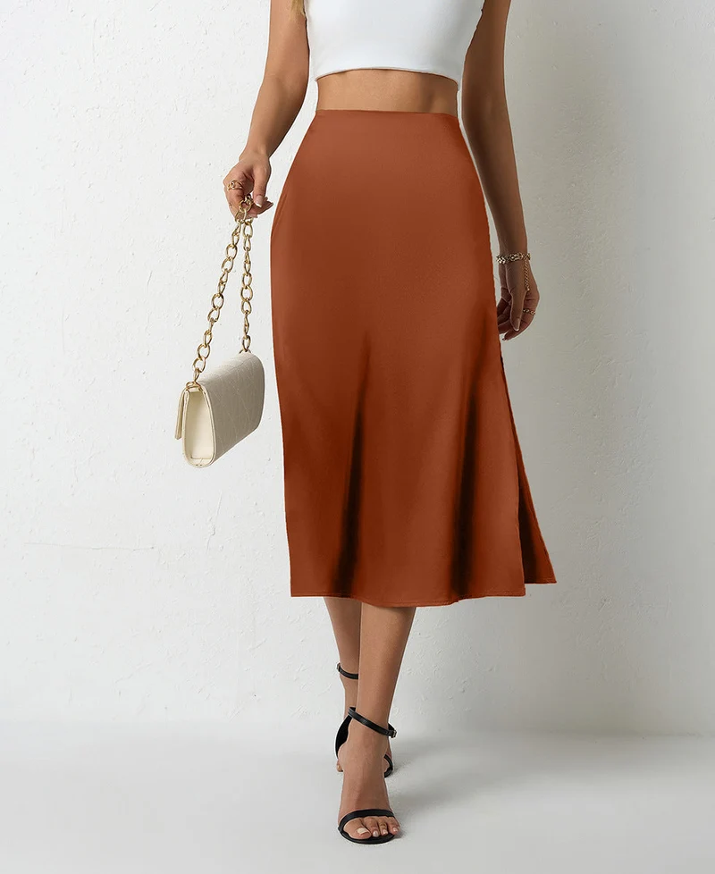 Damen eleganter Satin-Midirock mit fließendem Schnitt und hohem Bund - Arvani