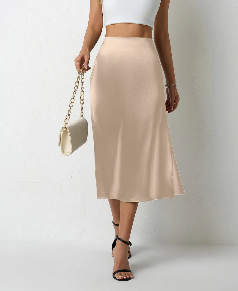 Damen eleganter Satin-Midirock mit fließendem Schnitt und hohem Bund - Arvani
