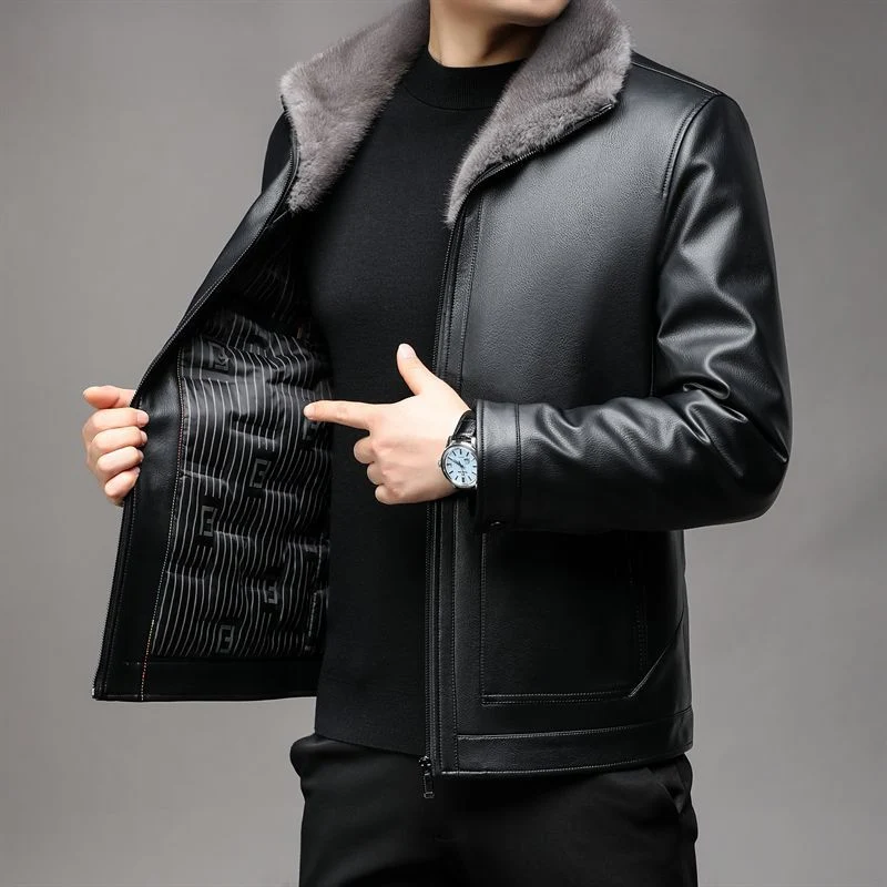 Herren Lederjacke mit wärmender Teddy-Fütterung und Frontreißverschluss Nord Taschen