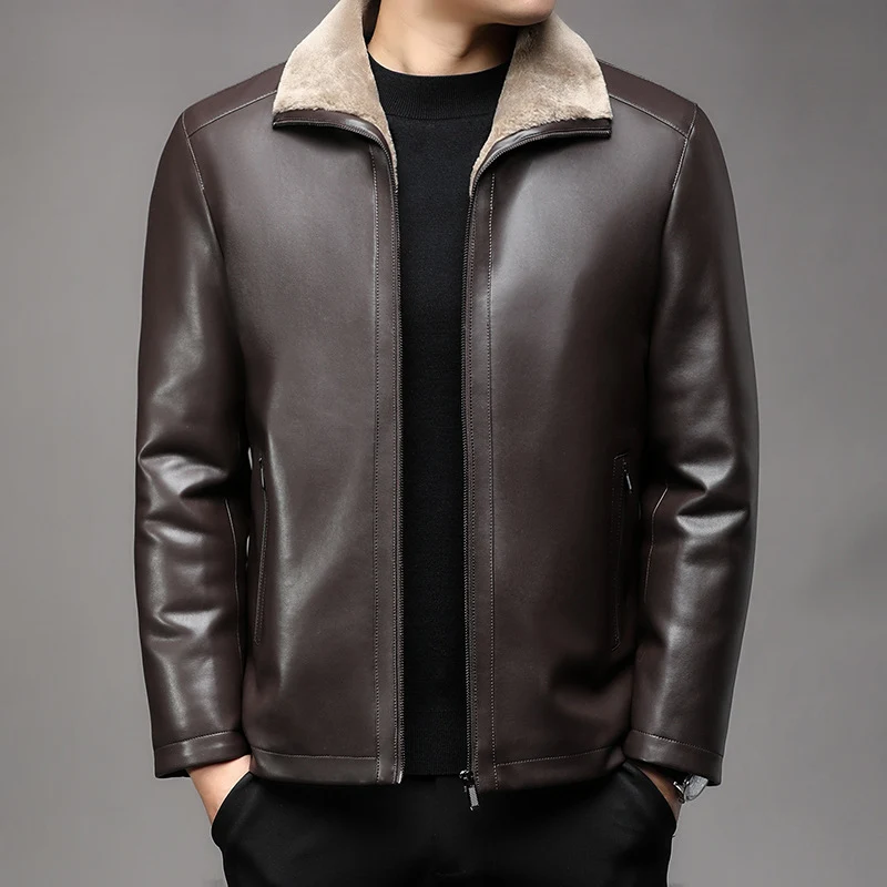 Herren Lederjacke mit wärmender Lammfell-Innenfütterung und Stehkragen Nord Taschen