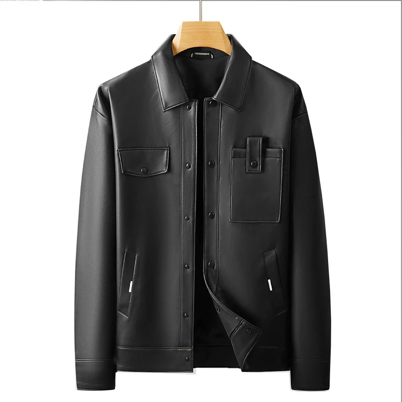 Herren Lederimitat Overshirt-Jacke mit Utility-Brusttasche und Druckknopfleiste Nord Taschen