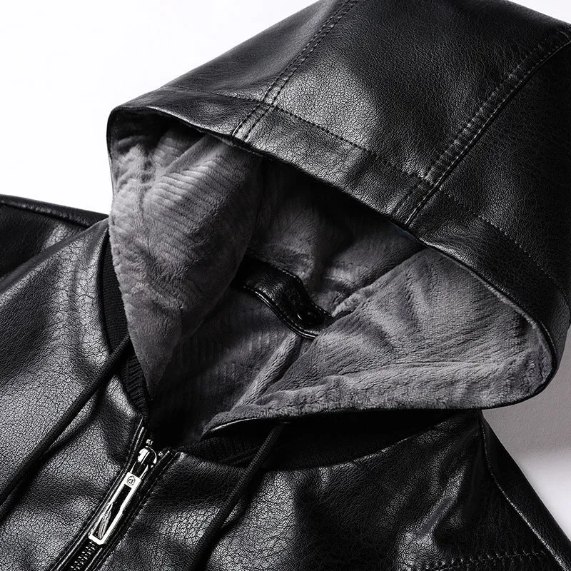 Herren Lederimitat-Kapuzenjacke mit Feinstruktur, Reißverschluss und Rippbündchen Nord Taschen