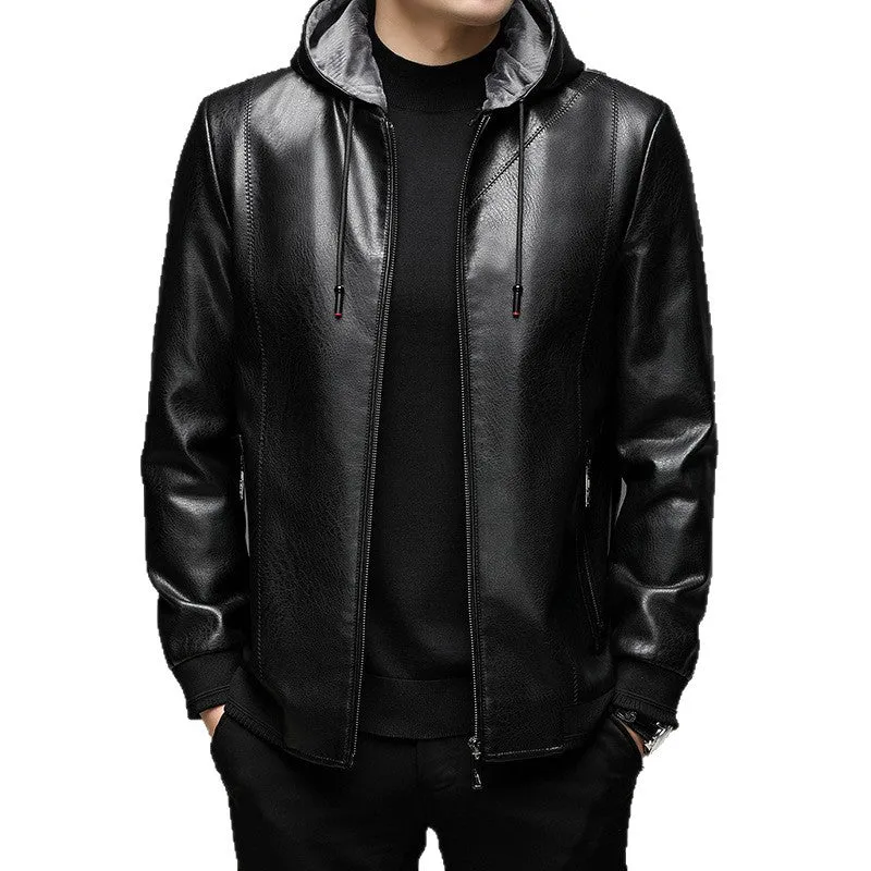 Herren Lederimitat-Kapuzenjacke mit Feinstruktur, Reißverschluss und Rippbündchen Nord Taschen