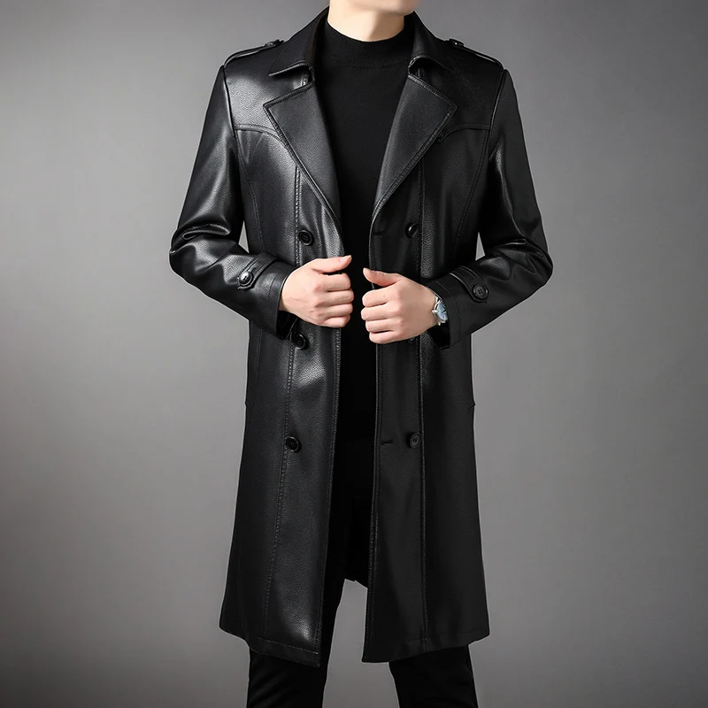 Herren Langer Ledertrenchcoat mit Taillengürtel und doppelreihiger Knopfleiste Nord Taschen