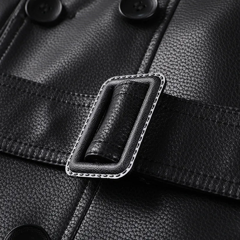 Herren Langer Ledertrenchcoat mit Taillengürtel und doppelreihiger Knopfleiste Nord Taschen