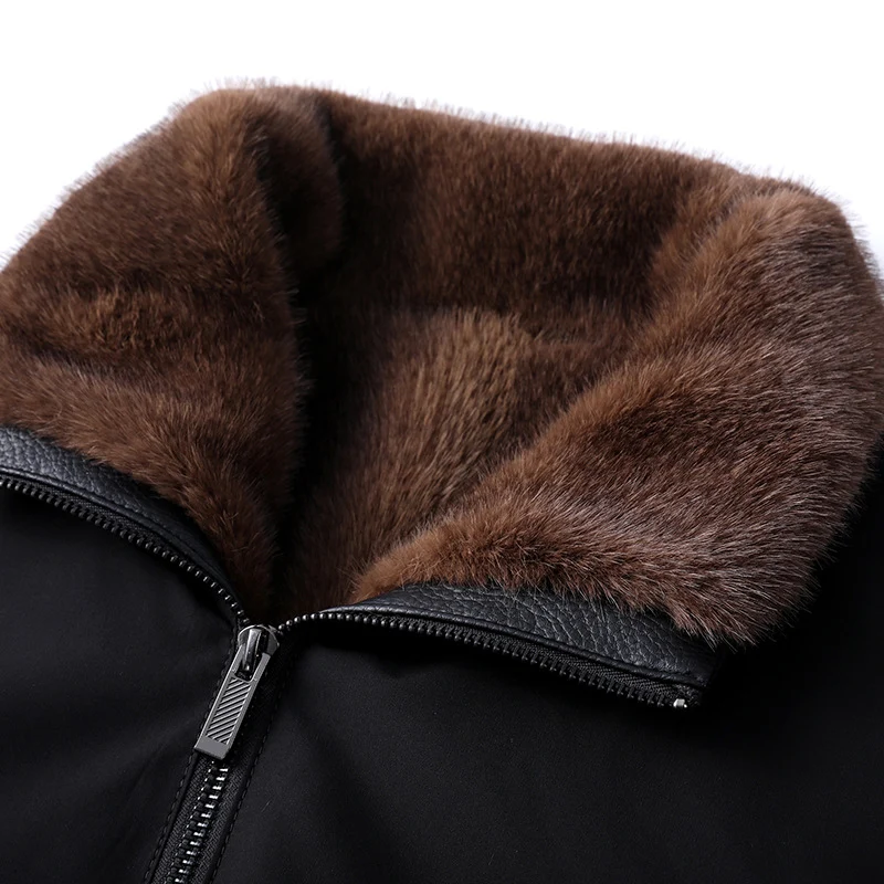 Herren Langer Ledermantel mit abnehmbarem Fellkragen und Thermofutter Nord Taschen