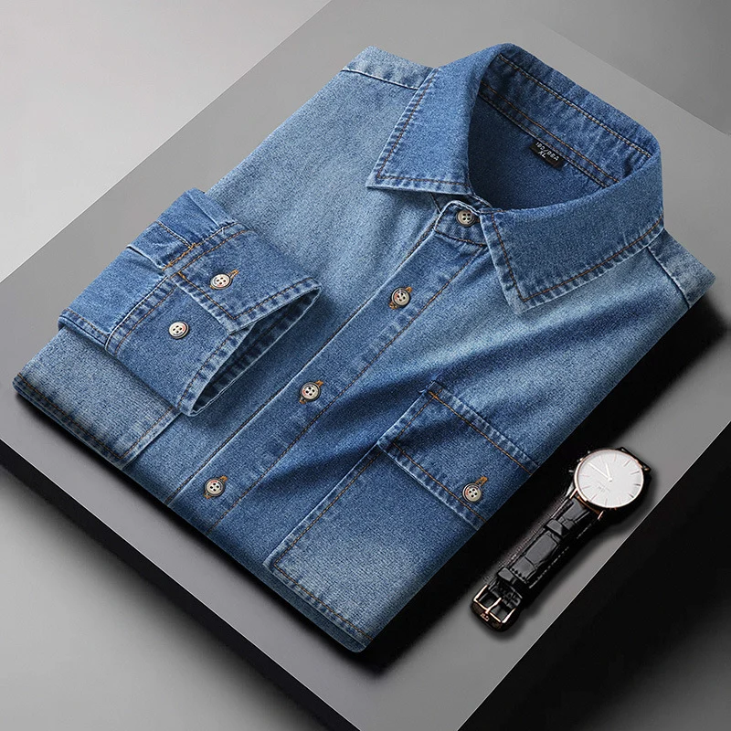 Herren Jeanshemd aus Baumwoll-Denim mit Kentkragen und aufgesetzten Brusttaschen Nord Taschen
