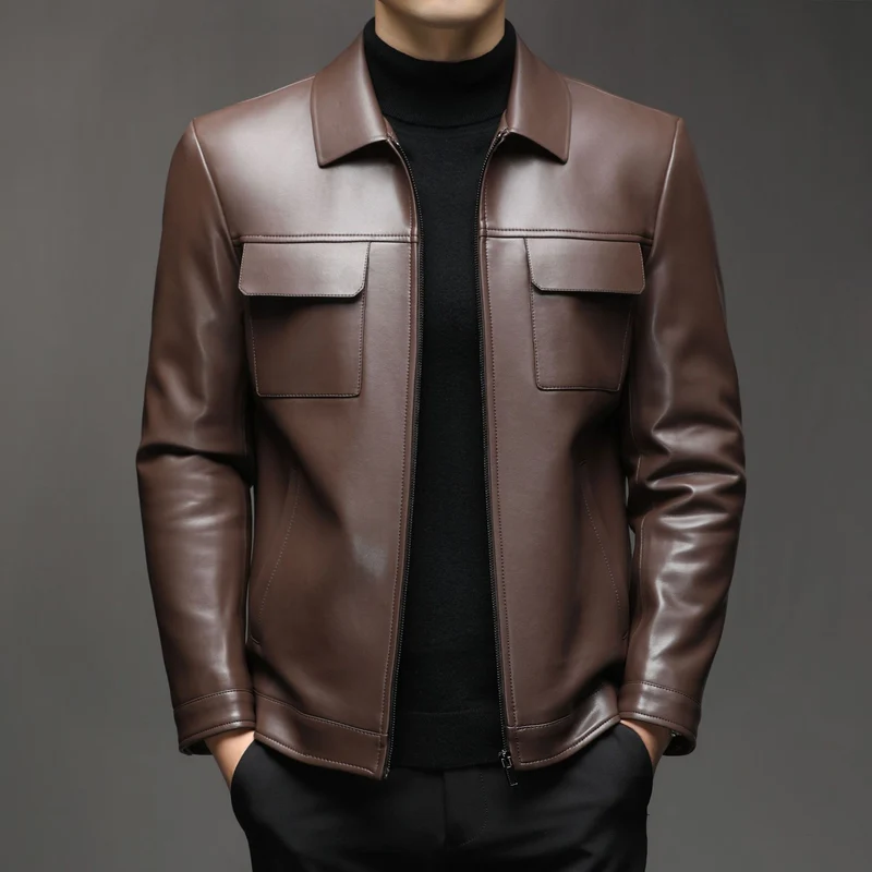 Herren Glatte Lederjacke im klassischen Hemdkragenstil mit verdecktem Reißverschluss und aufgesetzten Brusttaschen Nord Taschen