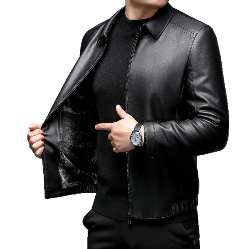 Herren Glatte Kunstlederjacke mit wärmendem Kunstfellfutter, Hemdkragen und elastischem Saum Nord Taschen
