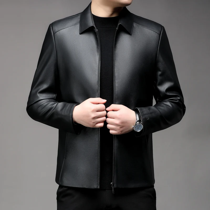 Herren Glatte Kunstleder-Zipjacke mit Hemdkragen und schlanker Silhouette Nord Taschen
