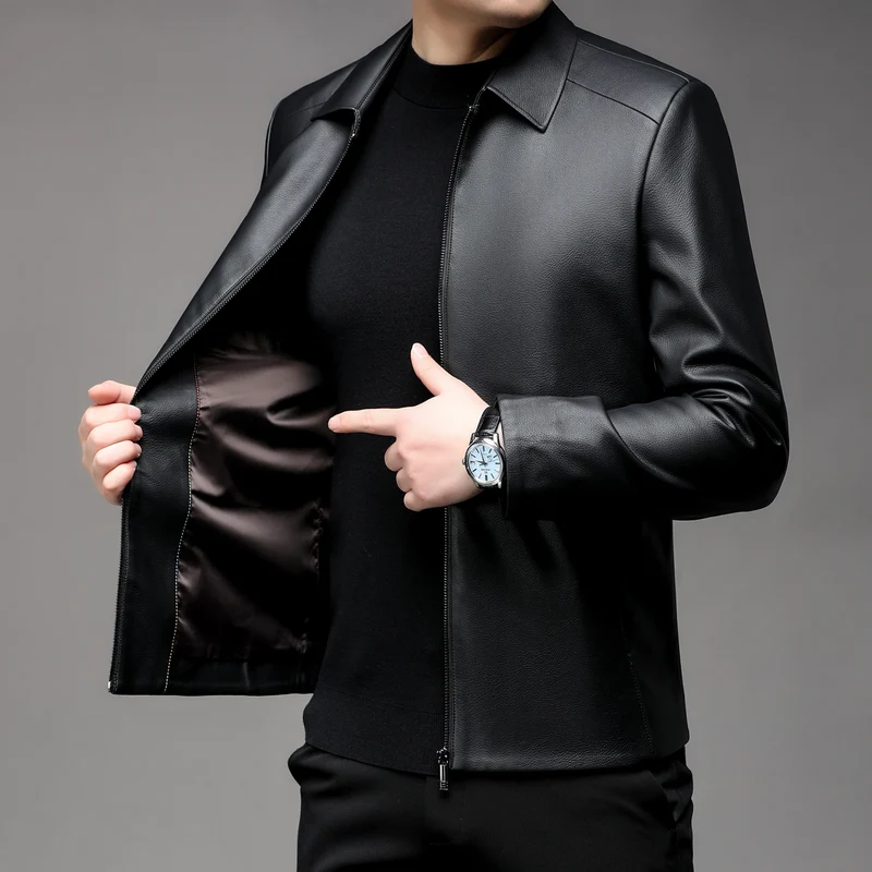 Herren Glatte Kunstleder-Zipjacke mit Hemdkragen und schlanker Silhouette Nord Taschen
