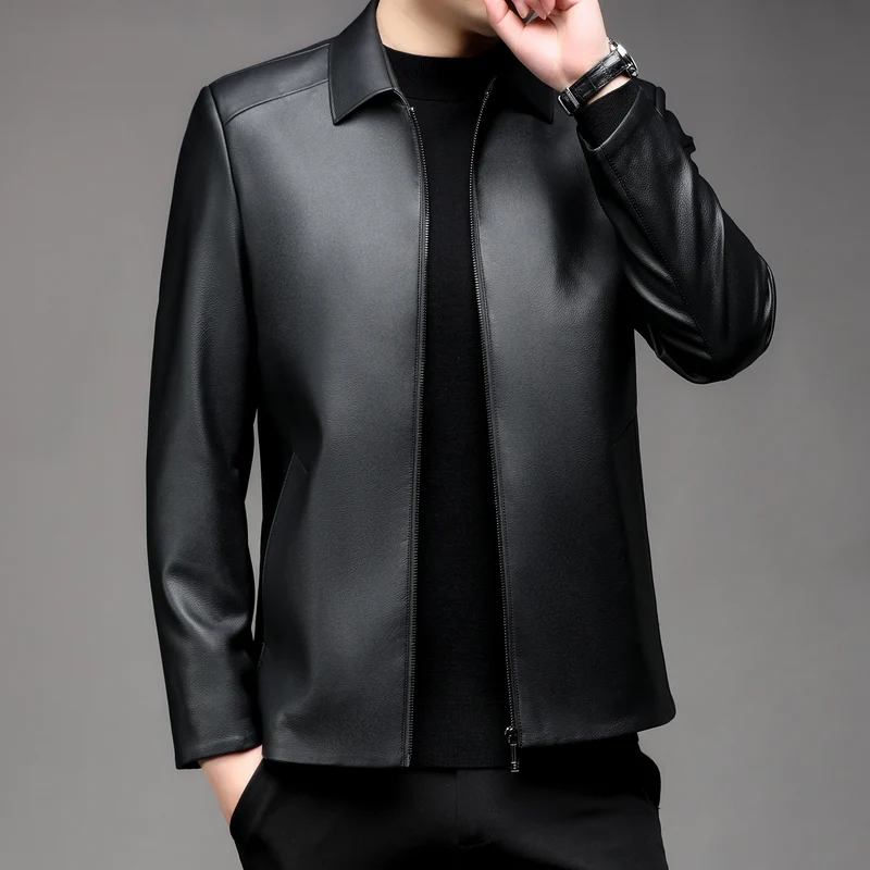 Herren Glatte Kunstleder-Zipjacke mit Hemdkragen und schlanker Silhouette Nord Taschen