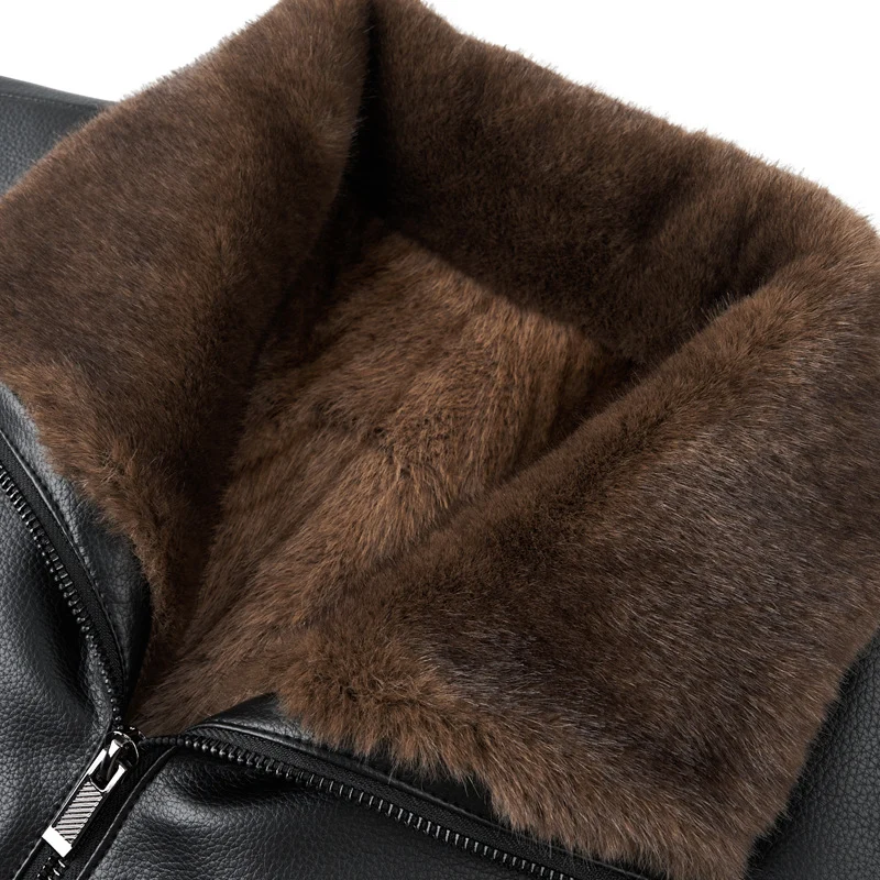 Herren gefütterte Lederimitatjacke mit Kunstfellkragen und Reißverschluss Nord Taschen