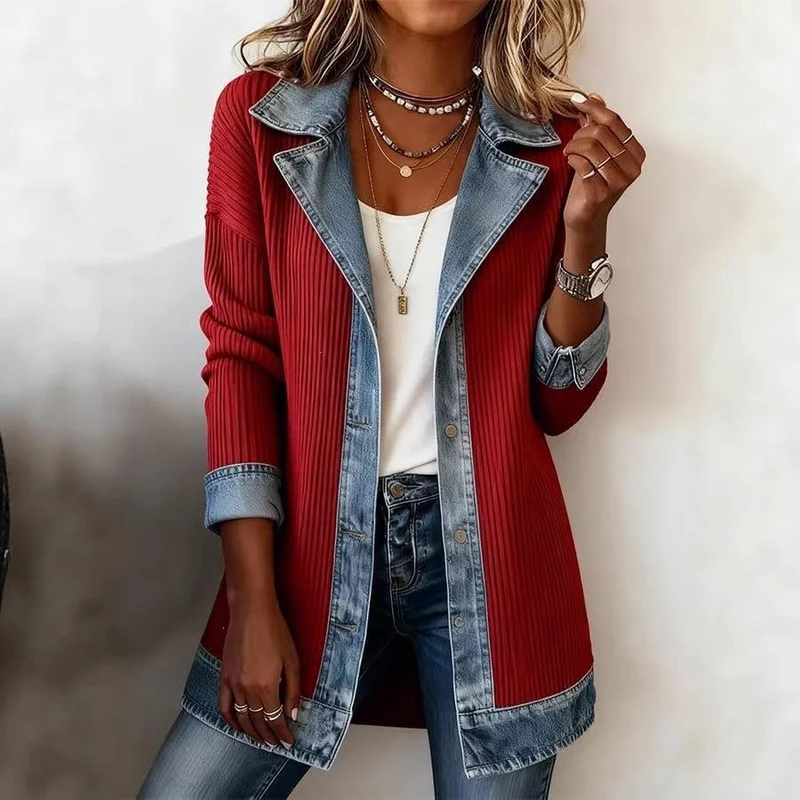 Damen Longline-Strickcardigan mit Jeanskragen und Saumbesatz Nord Taschen