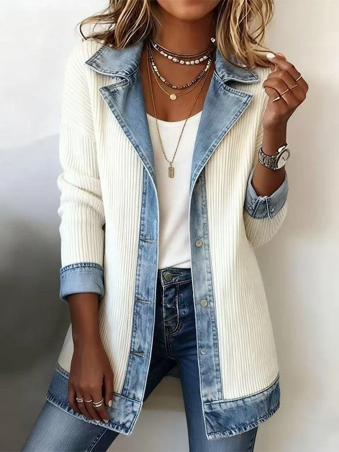 Damen Longline-Strickcardigan mit Jeanskragen und Saumbesatz Nord Taschen