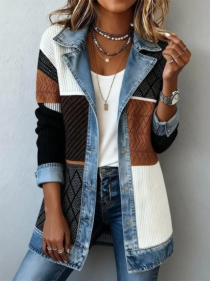 Damen Longline-Strickcardigan mit Jeanskragen und Saumbesatz Nord Taschen