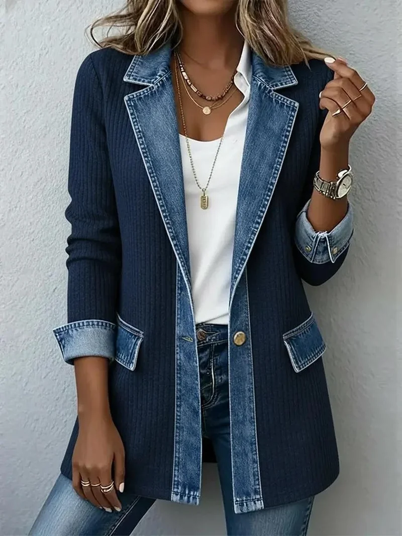 Damen Longline-Strickcardigan mit Jeanskragen und Saumbesatz Nord Taschen