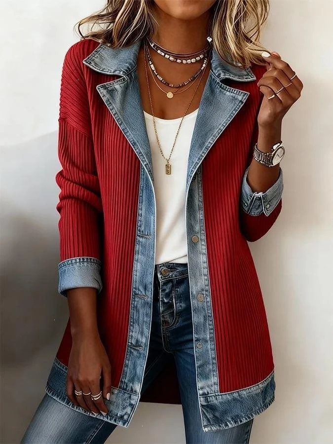 Damen Longline-Strickcardigan mit Jeanskragen und Saumbesatz Nord Taschen