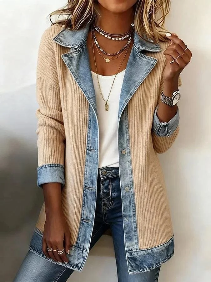 Damen Longline-Strickcardigan mit Jeanskragen und Saumbesatz Nord Taschen