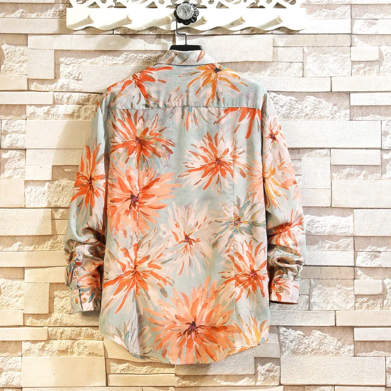 Herren Lockeres Leinenhemd mit großem floralen Print und Hemdkragen Nord Taschen