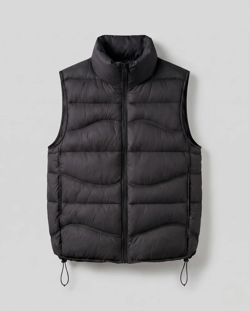 Damen ärmellose thermo gesteppte Weste mit ergonomischer Wellensteppung, hohem Kragen und verstellbarem Kordelzugsaum