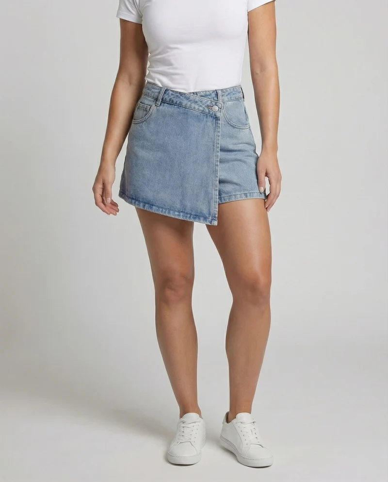 Damen Jeans Minirock Wickeloptik High Waist