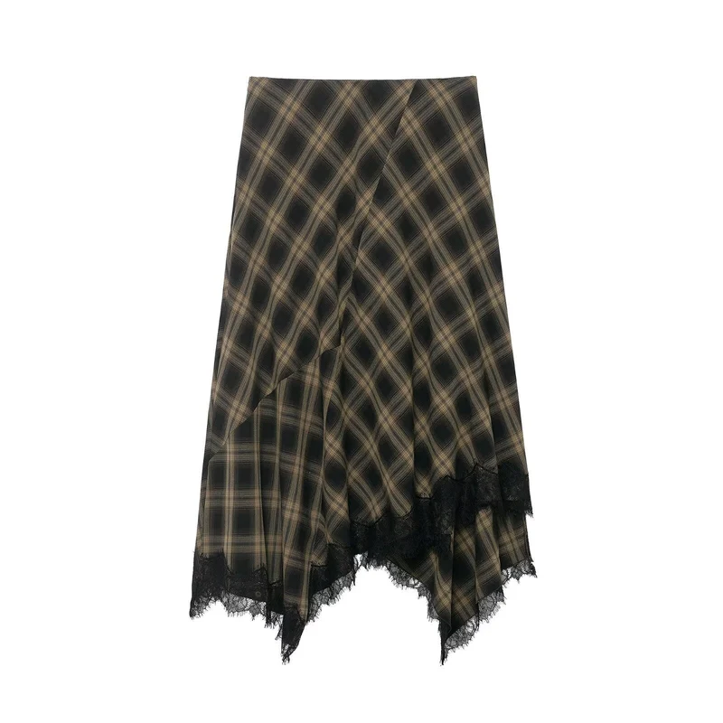 Damen Wickelrock mit eleganter Spitze und modernem Karomuster