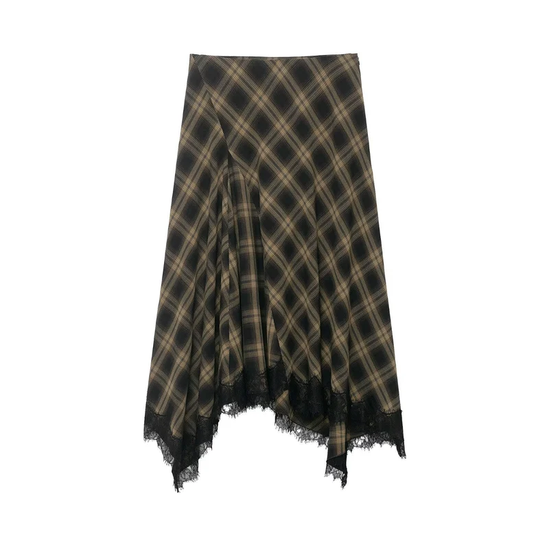 Damen Wickelrock mit eleganter Spitze und modernem Karomuster