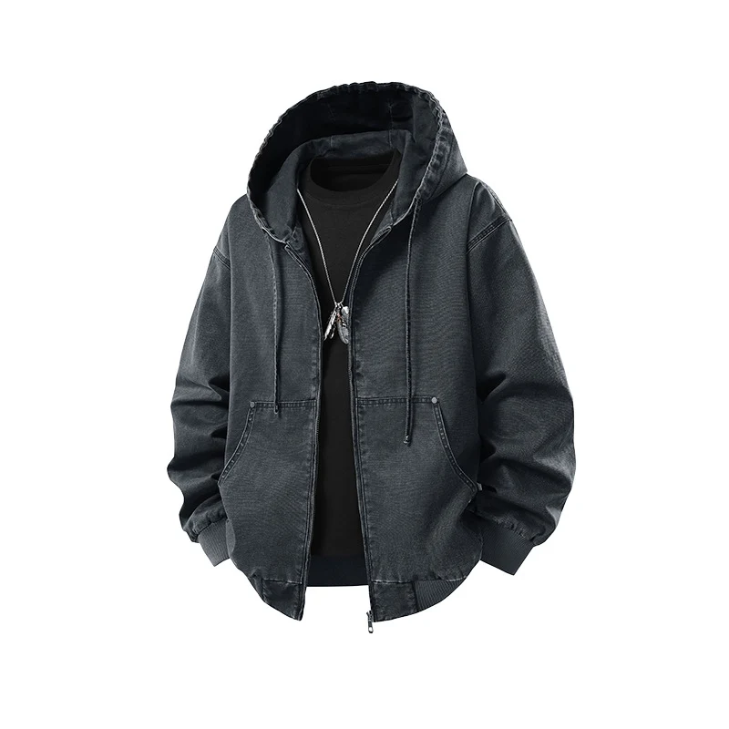Herren Oversize Kapuzenjacke aus gewaschenem Canvas mit Reißverschluss und Utility-Taschen Nord Taschen