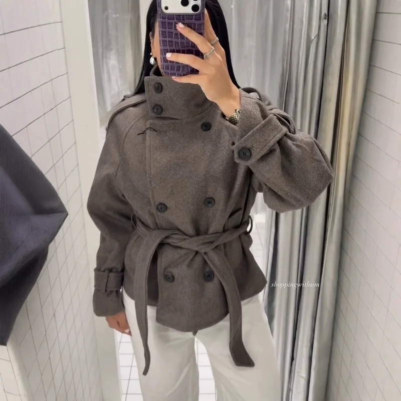 Damen Kurzblouson‑Trenchcoat aus Wollmix mit hohem Stehkragen und Bindegürtel Nord Taschen