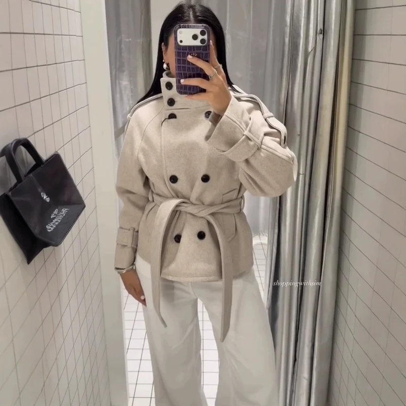 Damen Kurzblouson‑Trenchcoat aus Wollmix mit hohem Stehkragen und Bindegürtel Nord Taschen