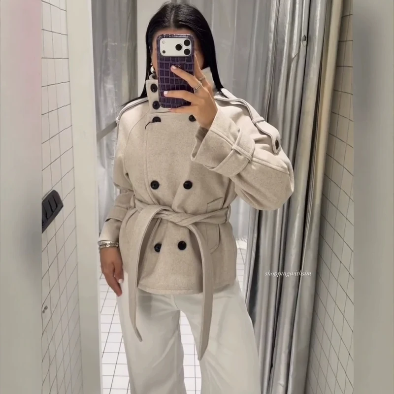 Damen Kurzblouson‑Trenchcoat aus Wollmix mit hohem Stehkragen und Bindegürtel Nord Taschen