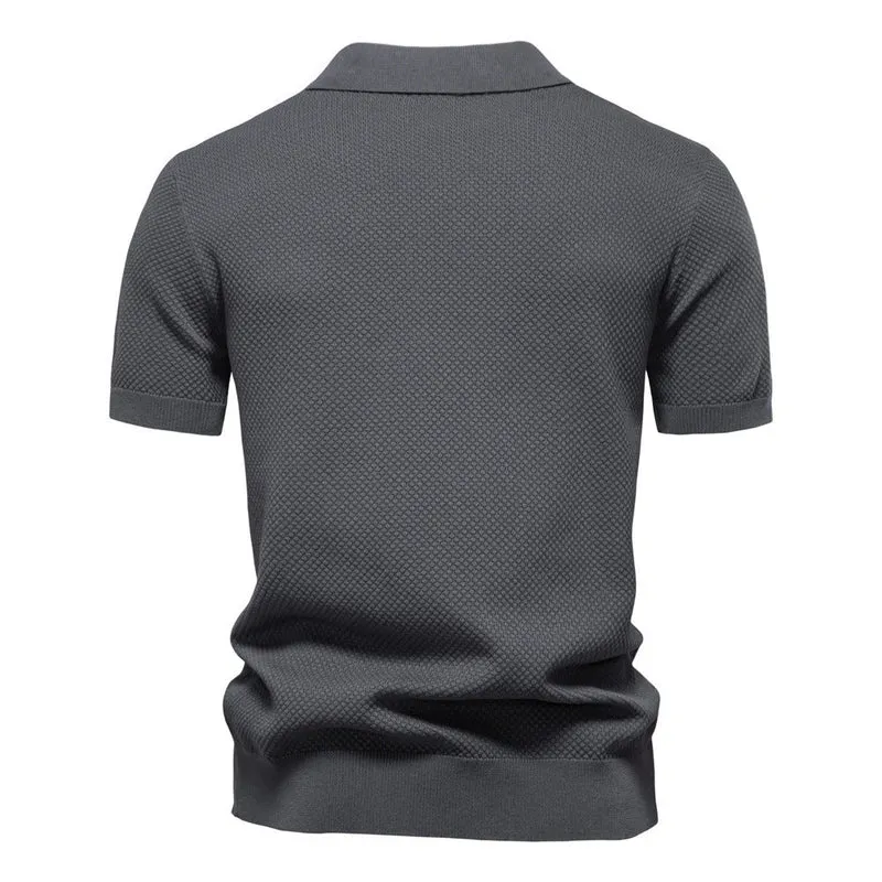 Herren nan strukturiertes Feinstrickpoloshirt mit offenem Reverskragen