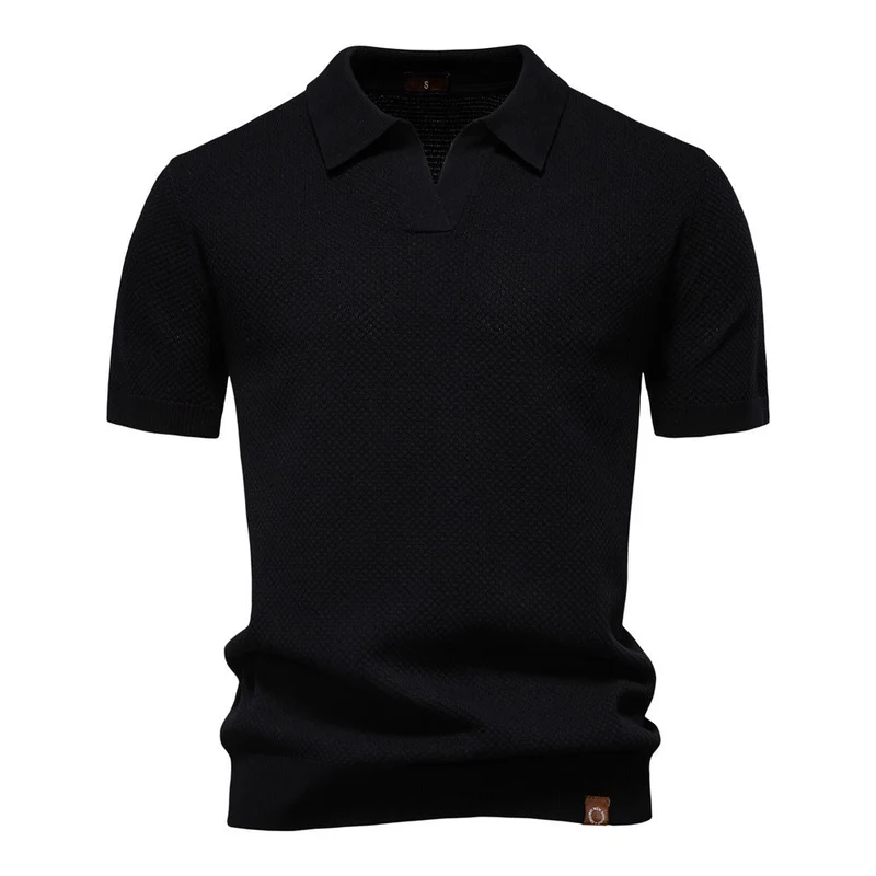 Herren nan strukturiertes Feinstrickpoloshirt mit offenem Reverskragen