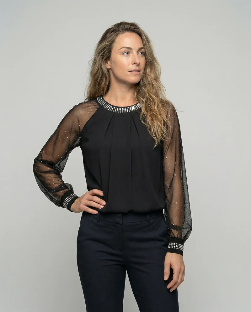 Nord Taschen Damen Mesh-Bluse mit Strassbesatz und transparenten Ärmeln