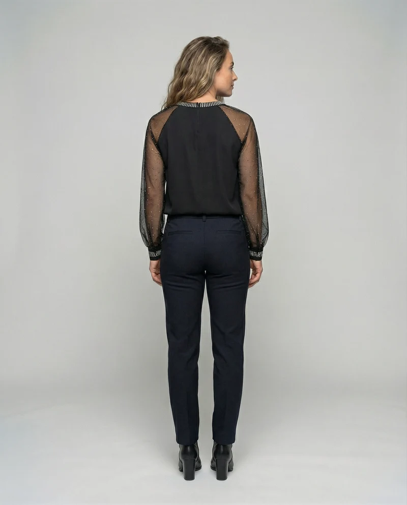 Nord Taschen Damen Mesh-Bluse mit Strassbesatz und transparenten Ärmeln