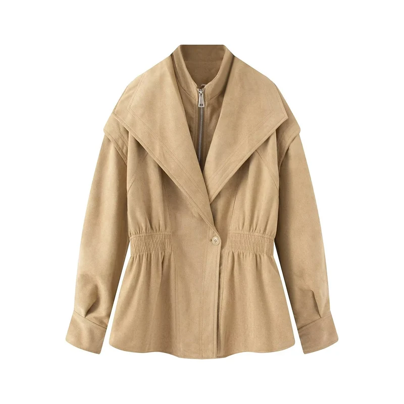 Damen Taillierte Jacke in Wildlederoptik mit großem Schalkragen, Reißverschluss und geraffter Taille Nord Taschen
