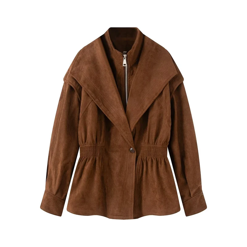Damen Taillierte Jacke in Wildlederoptik mit großem Schalkragen, Reißverschluss und geraffter Taille Nord Taschen