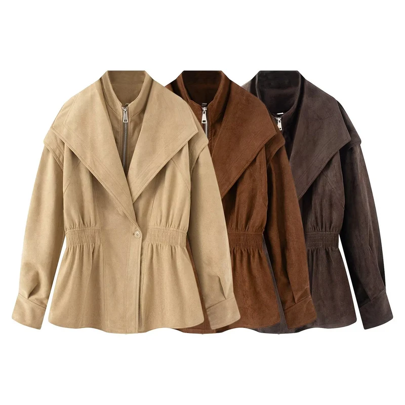 Damen Taillierte Jacke in Wildlederoptik mit großem Schalkragen, Reißverschluss und geraffter Taille Nord Taschen