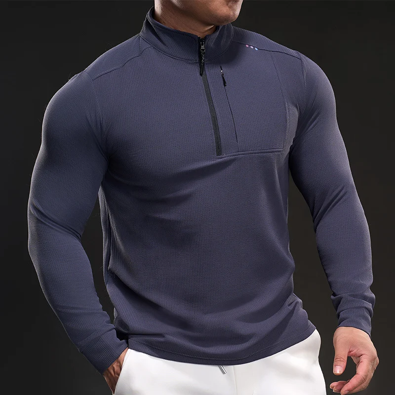 Herren Slim-Fit Thermo-Longsleeve mit Stehkragen und Brustreißverschluss Nord Taschen