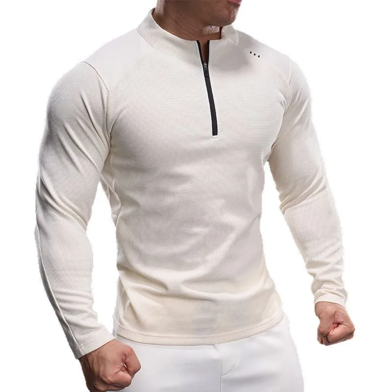 Herren Slim-Fit Sportliches Langarm-Trainingsshirt mit Halb-Reißverschluss und Strukturgewebe Nord Taschen
