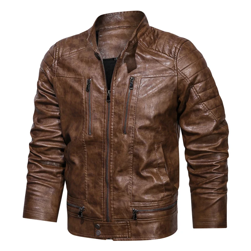 Herren Lederimitat-Bikerjacke im Vintage-Look mit Stehkragen, Ziernähten und Mehrfach-Reißverschlusstaschen Nord Taschen