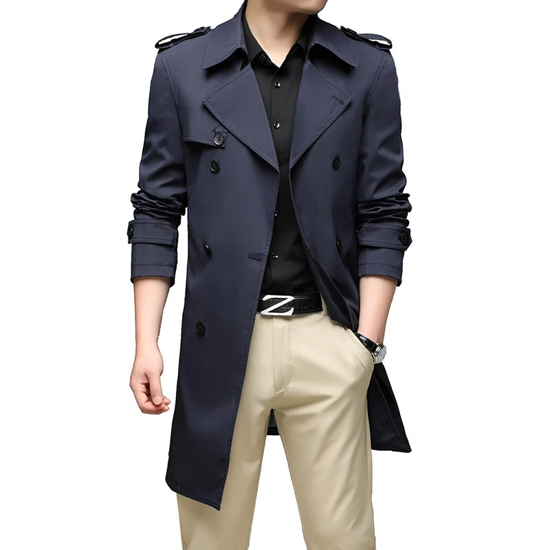 Herren Langer Slim-Fit Doppelreihiger Trenchcoat mit Epauletten und Taillengürtel Nord Taschen