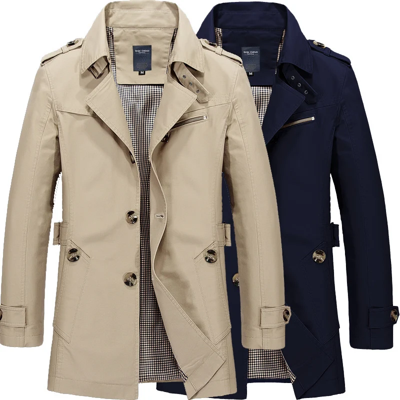 Herren Kurzer Doppelreihiger Trenchcoat mit Reverskragen, Schulterklappen und karierter Innenfütterung Nord Taschen